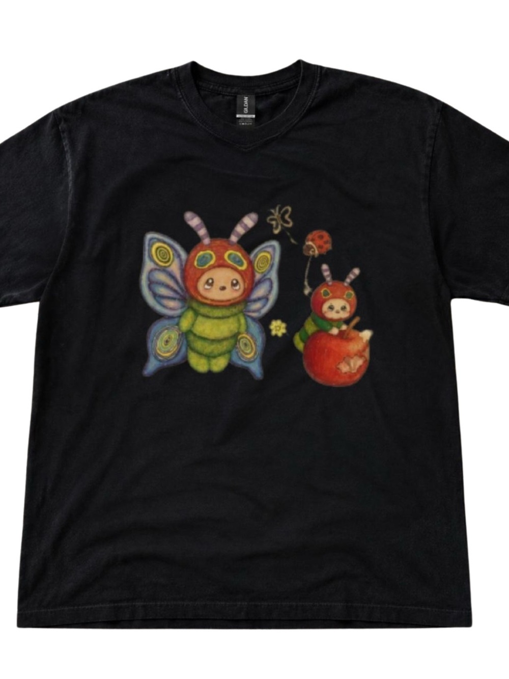 Gildan Black Tee with Colorful Butterfly-Caterpillar Graphic, Gift For Her, Him